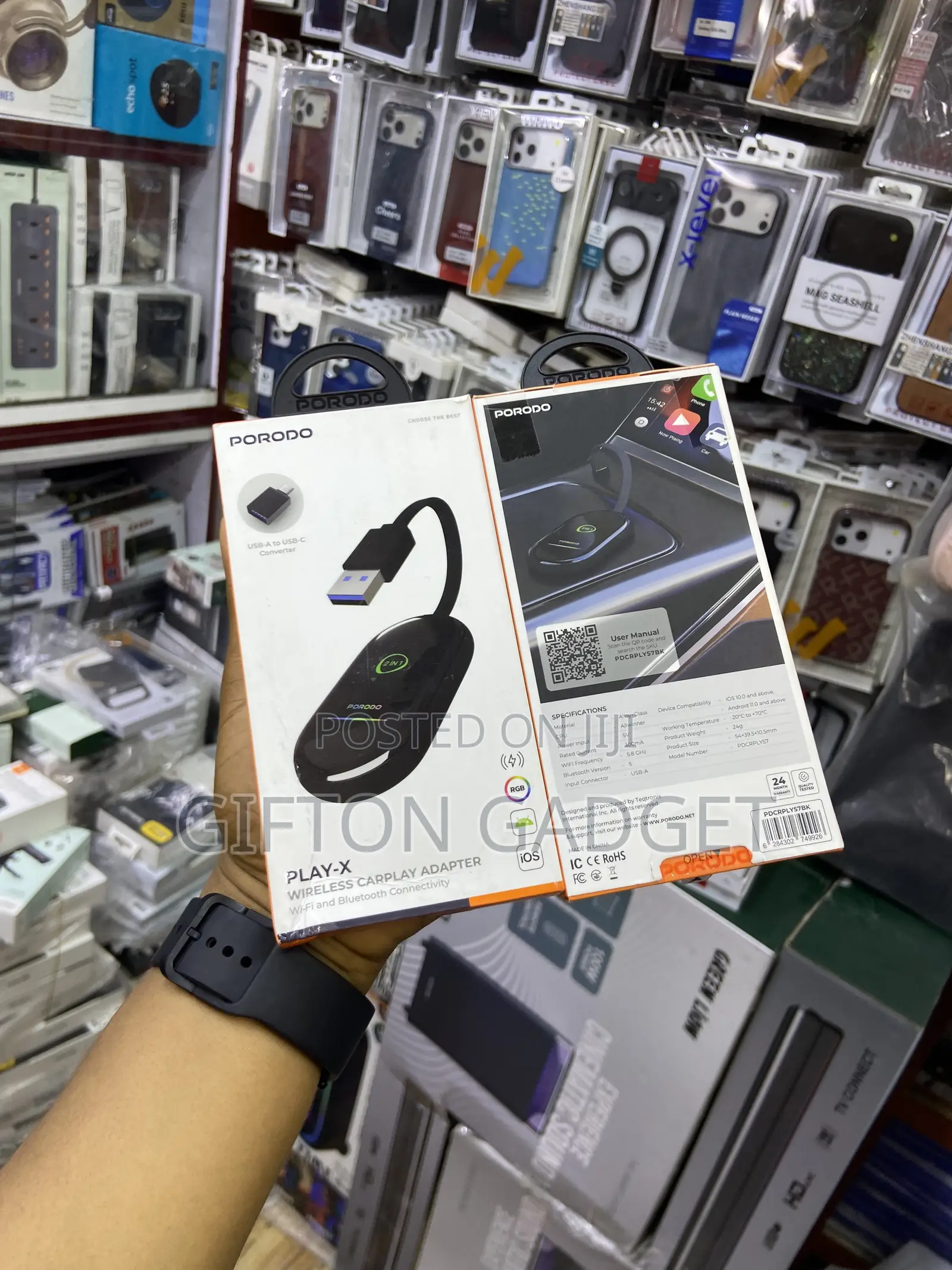 Porodo Play-X Wireless CarPlay Adapter - Wi-Fi Bluetooth Connectivit
