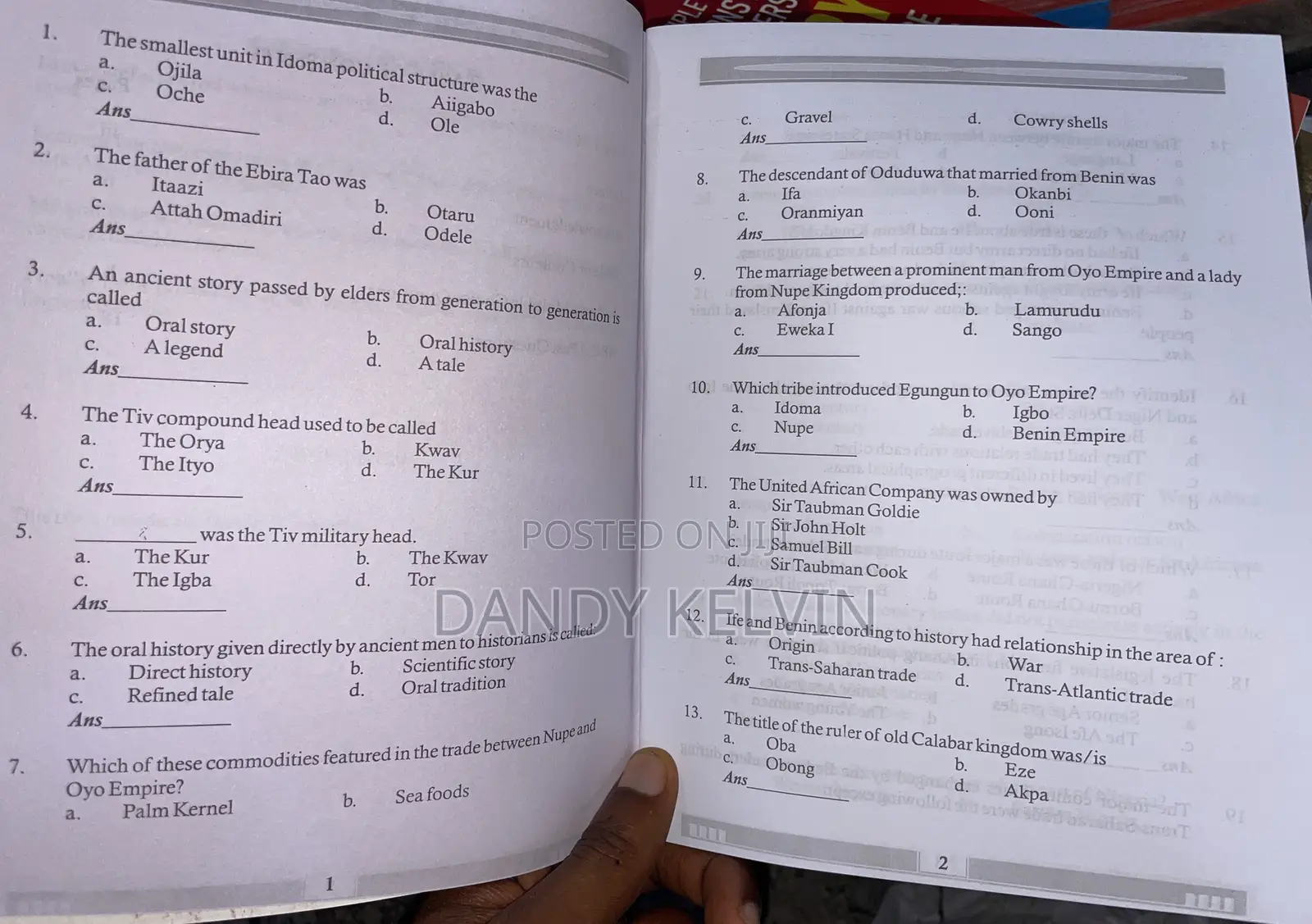 Multiple-Choice Past Question and Answers in History for JSS/BECE.