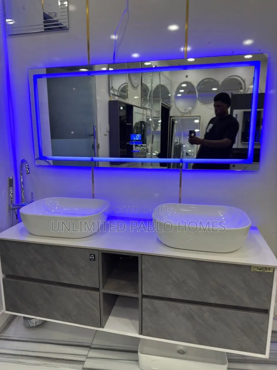 Premium Floating Double Basin Vanity Set With LED Mirror