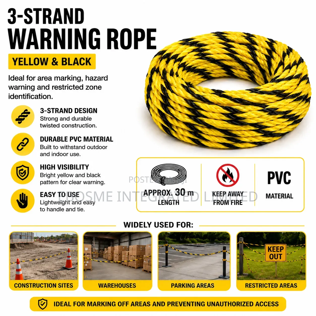 30m Yellow & Black 3-Strand PVC Warning Rope