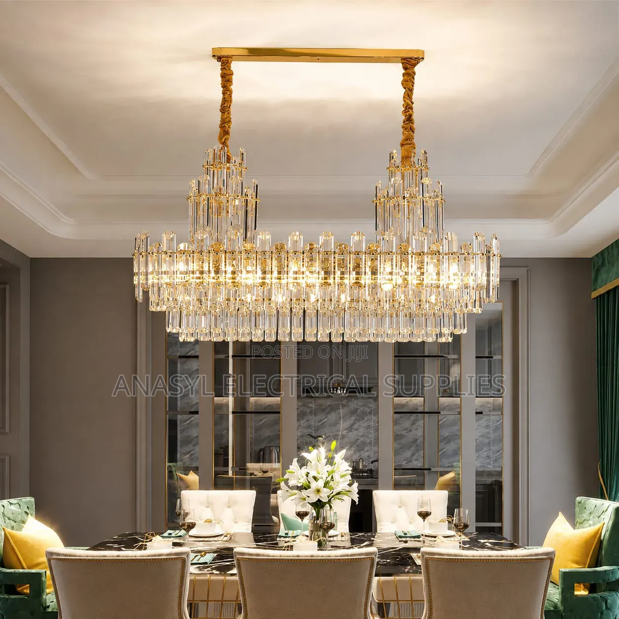 Modern Luxury Gold LED Crystal Rectangular Chandelier