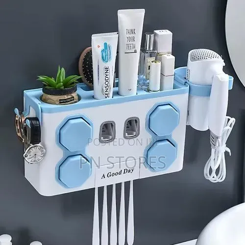Toothbrush Holders and Toothpaste Dispenser With Hair Dryer Rack