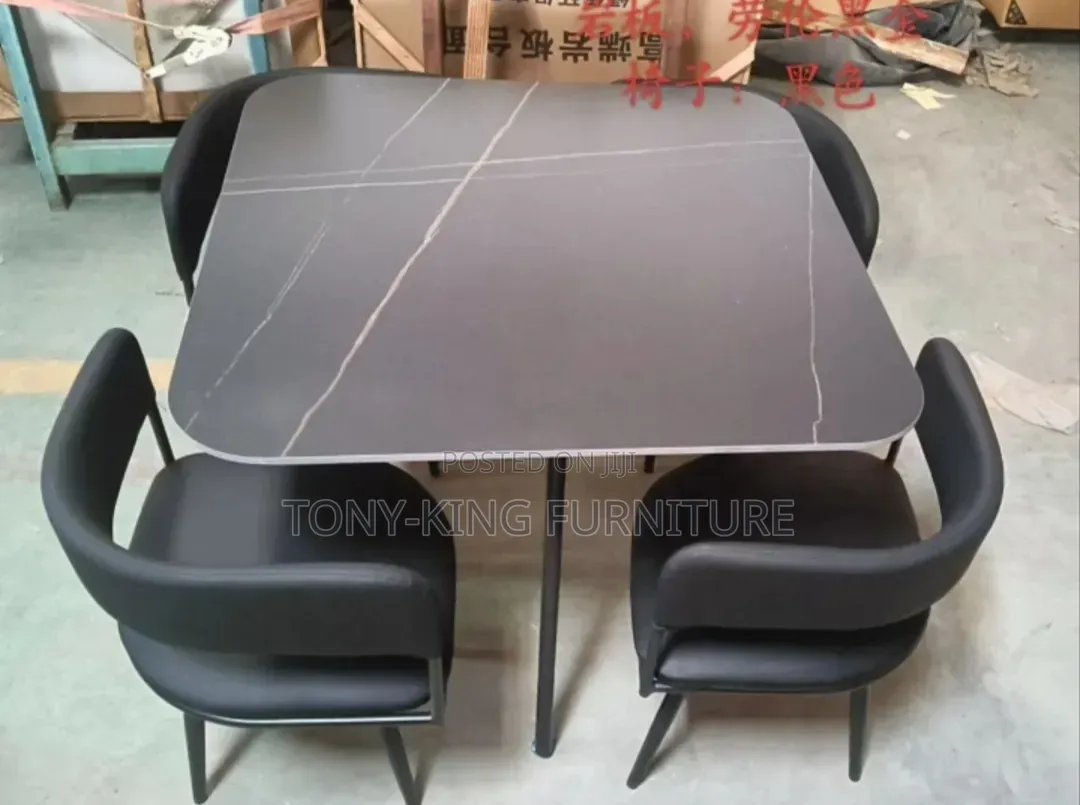 Modern 4-Seater Marble Top Dining Table Set With Black Padded Leather