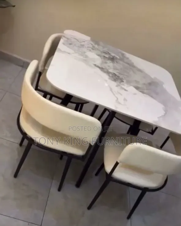 Modern 4-Seater Marble Top Dining Table Set With Black Padded Leather