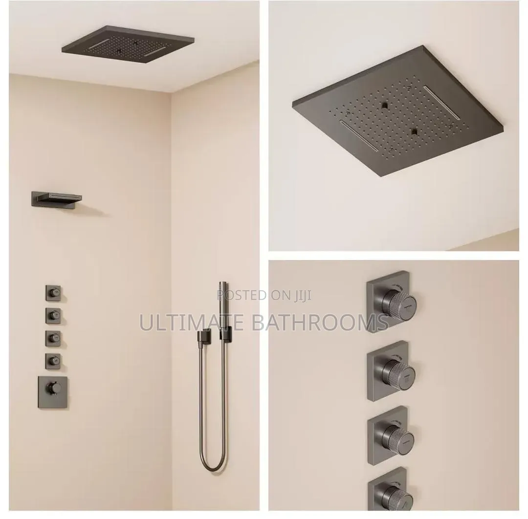 Grey Conduit Shower Mixer With Waterfall Ceiling Mounted Shower Rose