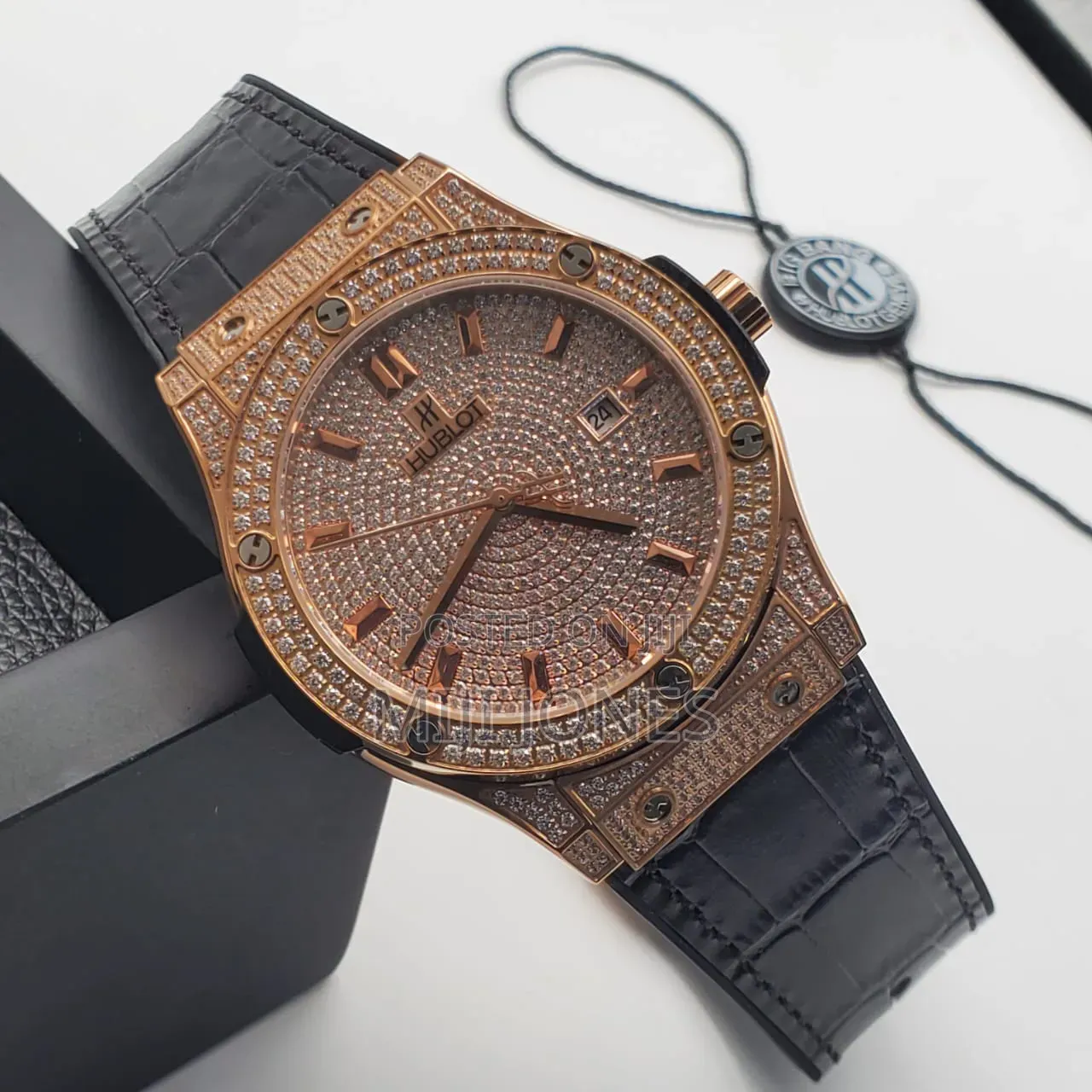 Hublot Style Auto – Gold Iced Dial, Black Leather, See-Through Back