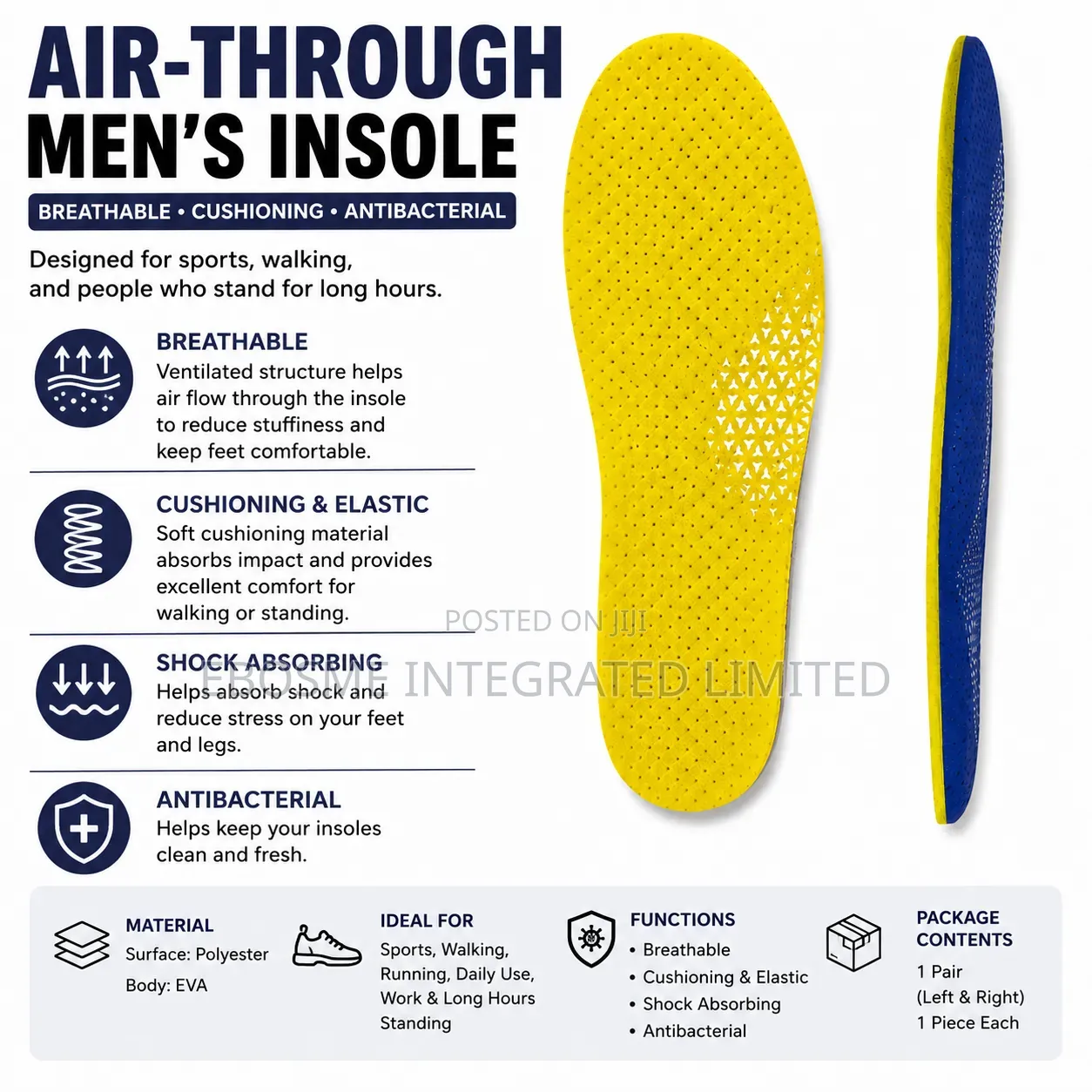 AIR-THROUGH Men’s Breathable Shock Absorbing Shoe Insoles
