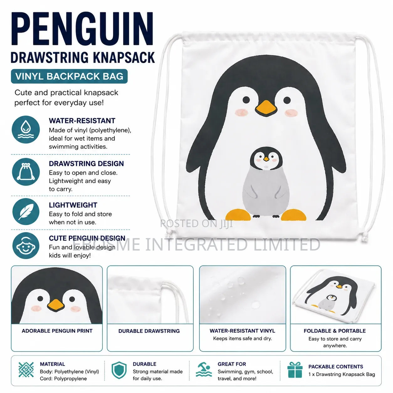 Penguin Vinyl Drawstring Knapsack Bag