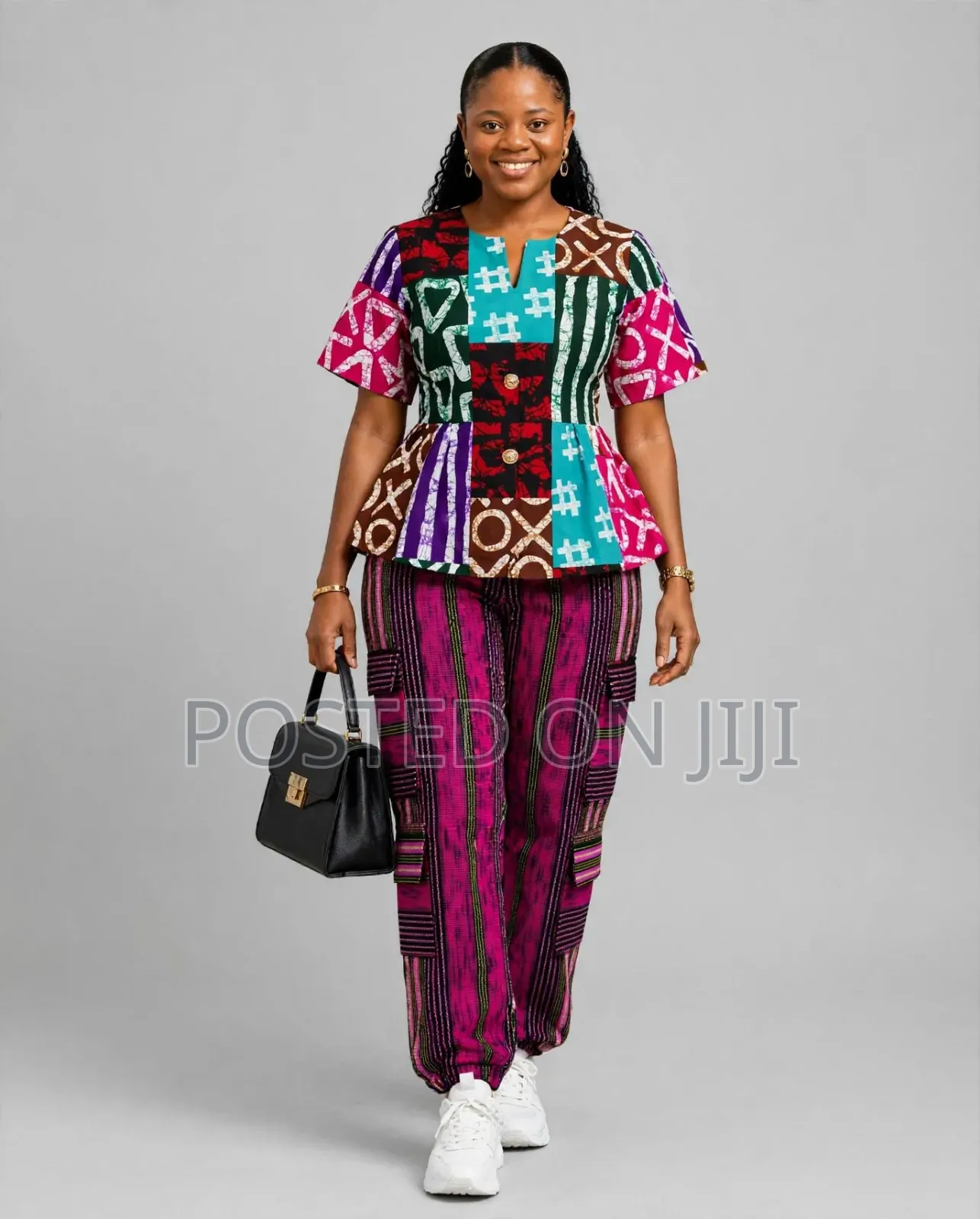 Ladies Ankara Patchwork Top and Vertical Stripe Aso-Oke Cargo Pants