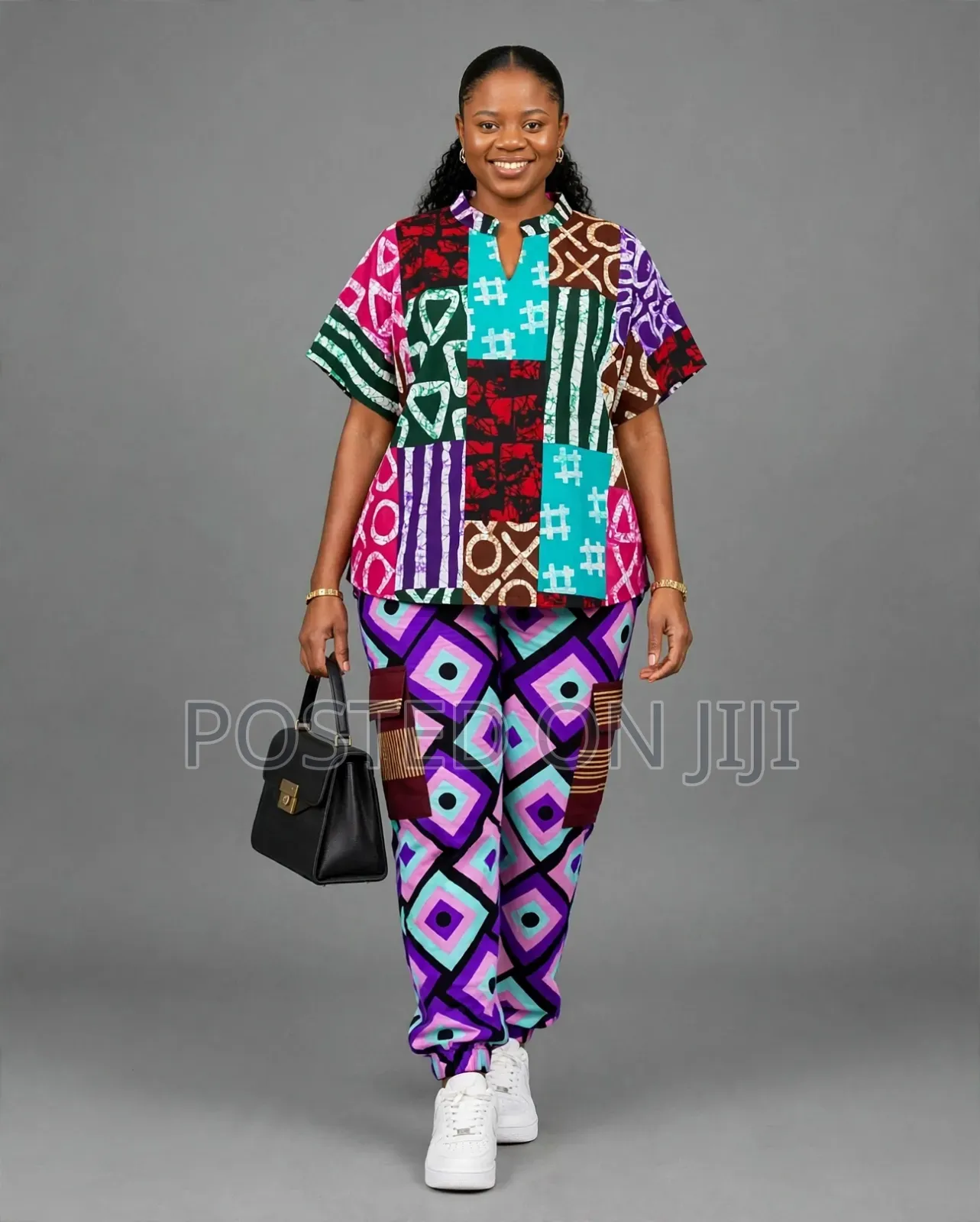 Ladies Ankara Patchwork Top and Vertical Stripe Aso-Oke Cargo Pants