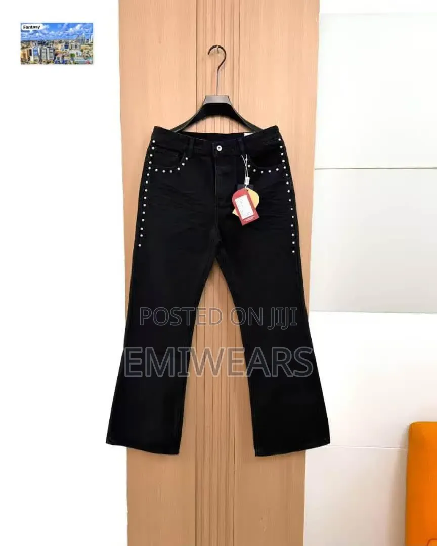 Black Pearl-Studded Flared Jeans