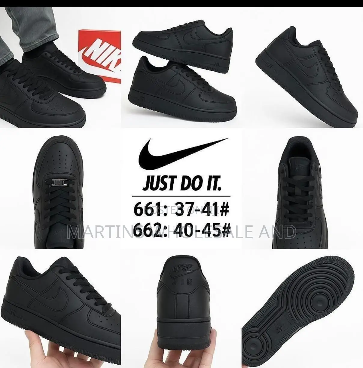All-Black Nike Air Force 1 Low-Top Sneakers Featuring Classic Perforat