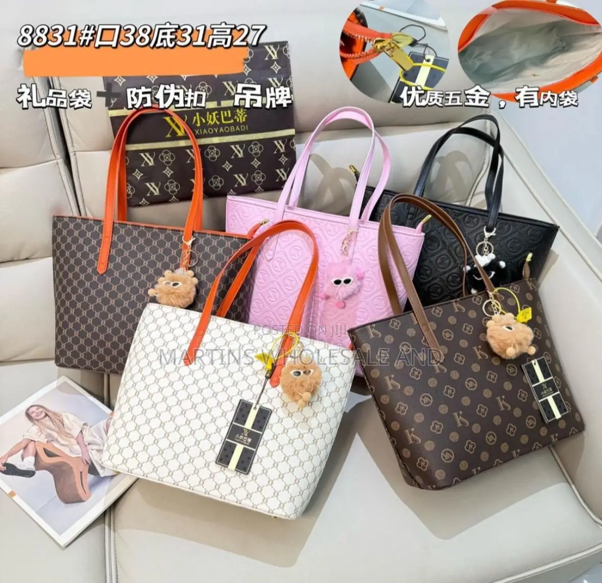 White Xiaoyaobadi Pattern Leather Tote Bag Features an Orange Shoulder
