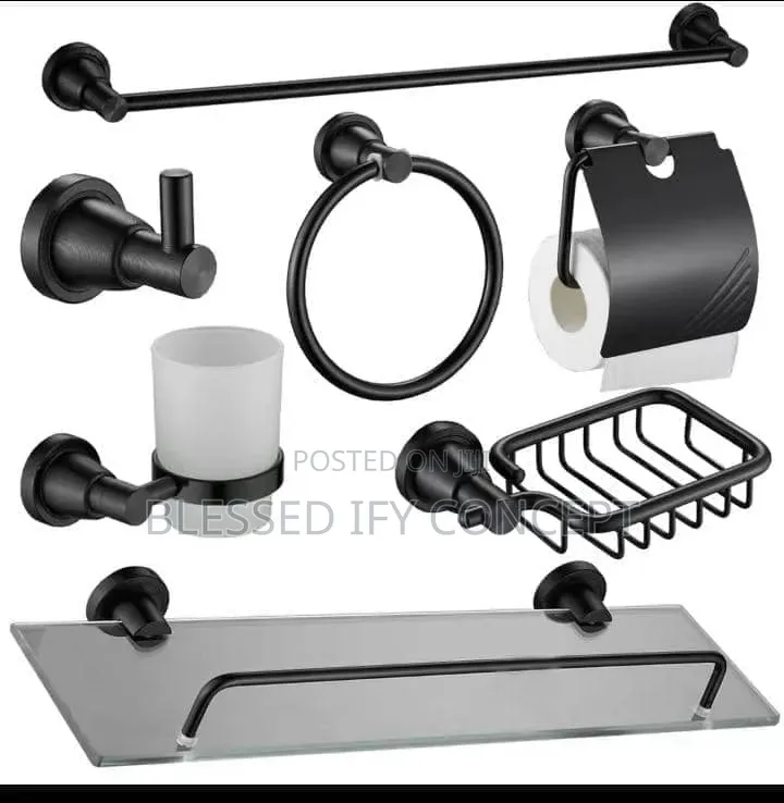 Black Matte Set 7-Pieces Wall-Mounted Bathroom Hardware Accessories
