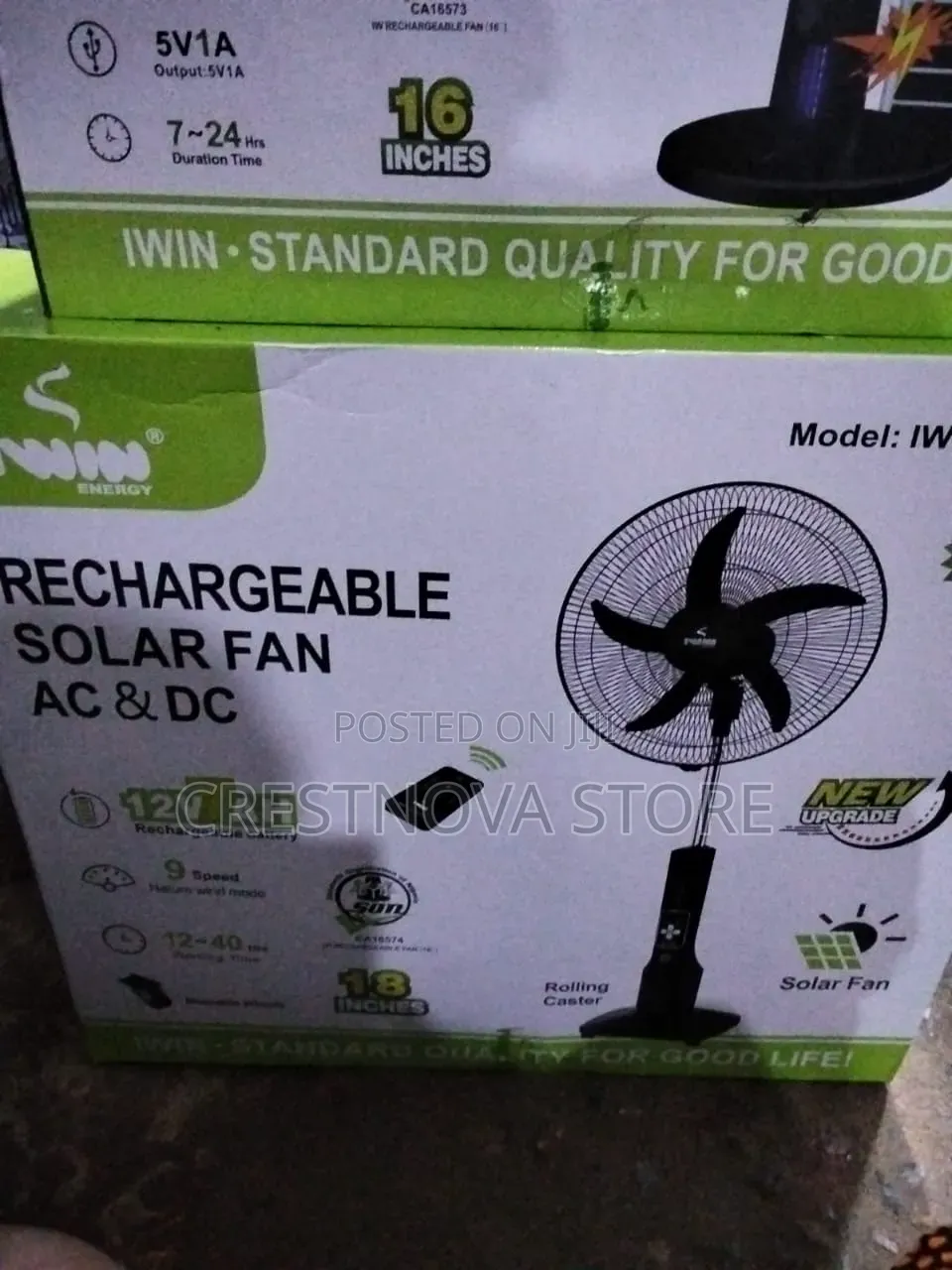 IWIN ENERGY 18 Inches Rechargeable Solar Standing Fan AC/DC
