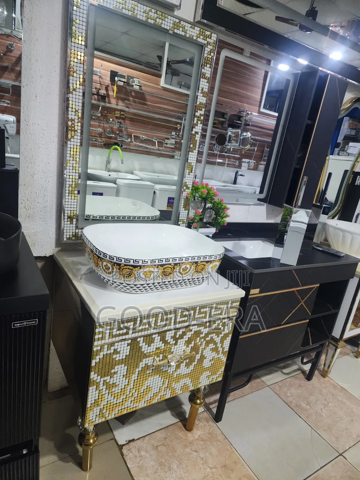 Gold Themed Cabinet Basin and LED Mirror