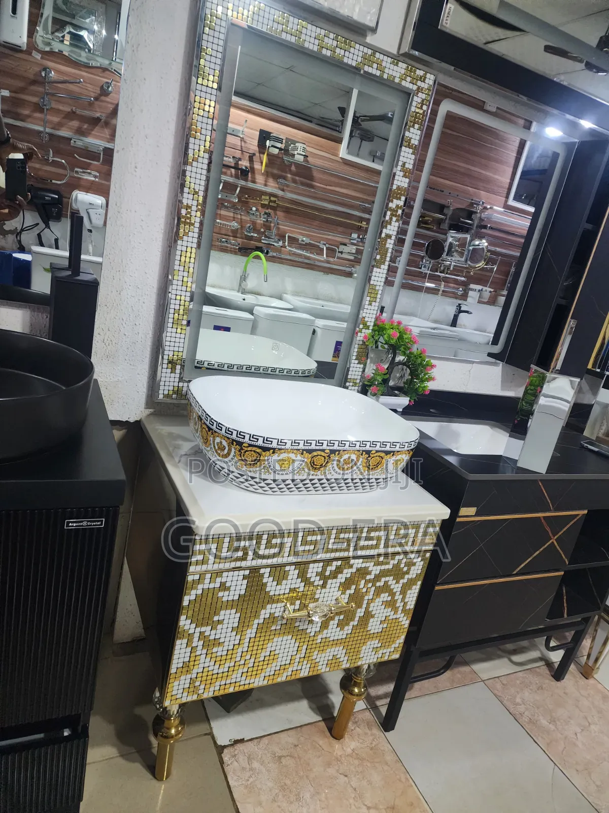 Gold Themed Cabinet Basin and LED Mirror