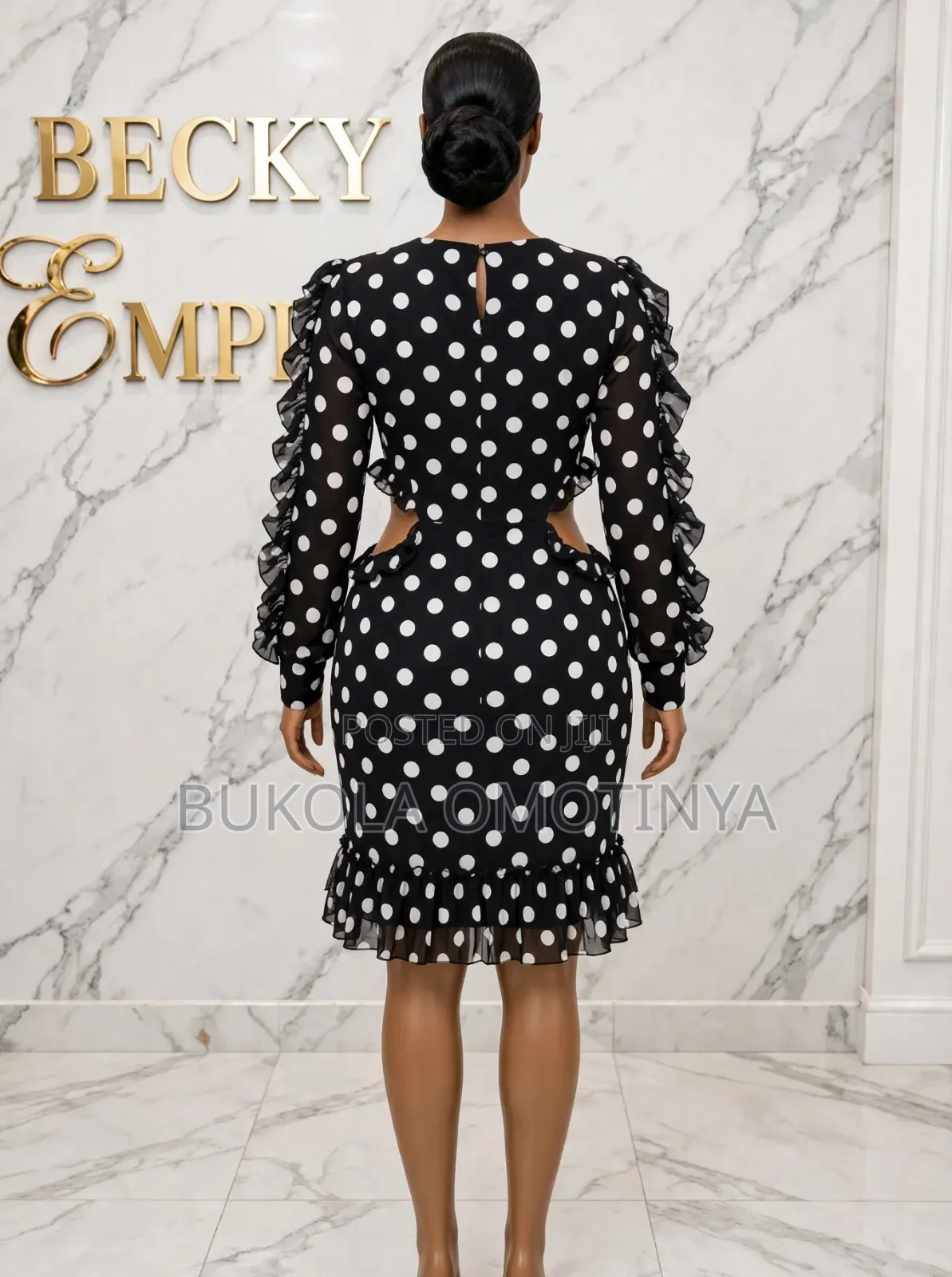 Classy Black White Polka Dot Ruffle Dress With Side Waist Cut-
