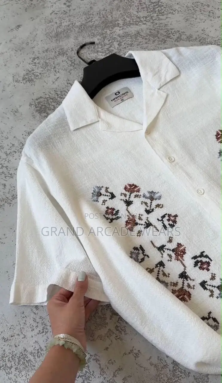 “Men’s Light Embroidered Linen Camp-Collar Shirt.”