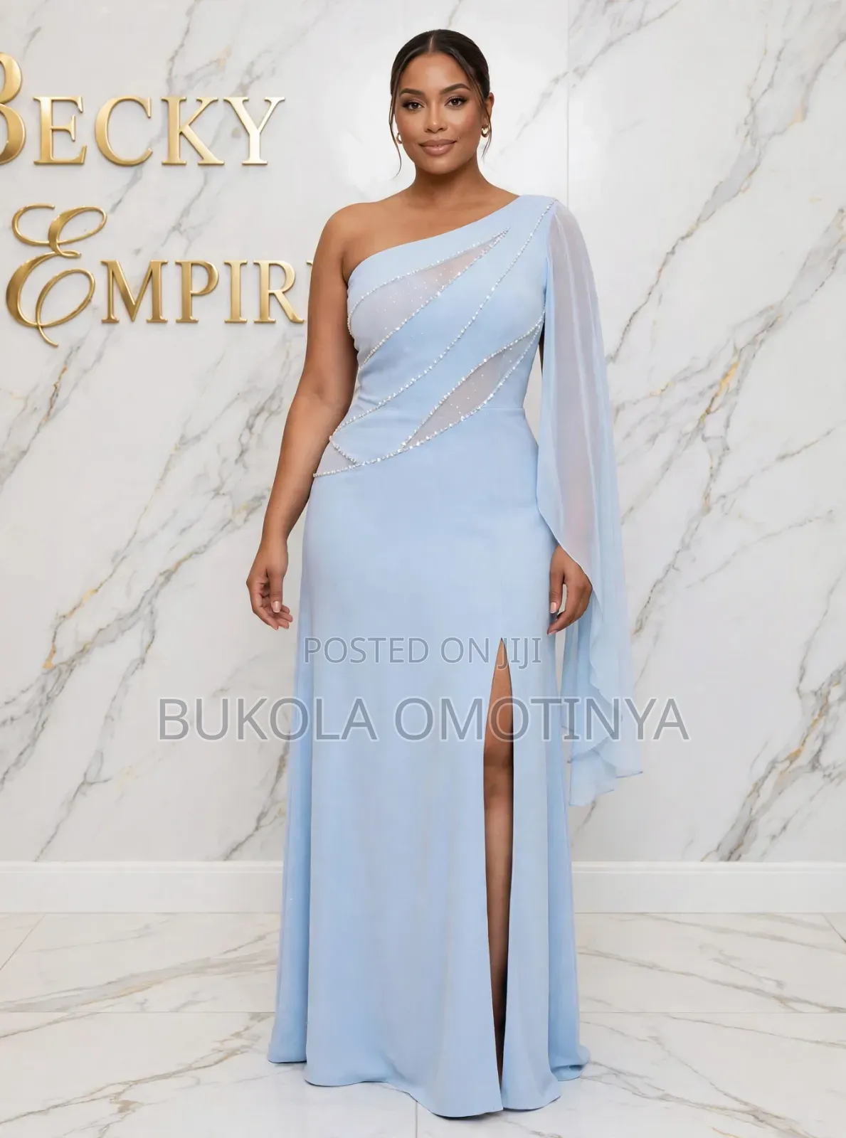 Luxury Sky Blue One-Shoulder Pearl Beaded Cape Maxi Gown With Slit -