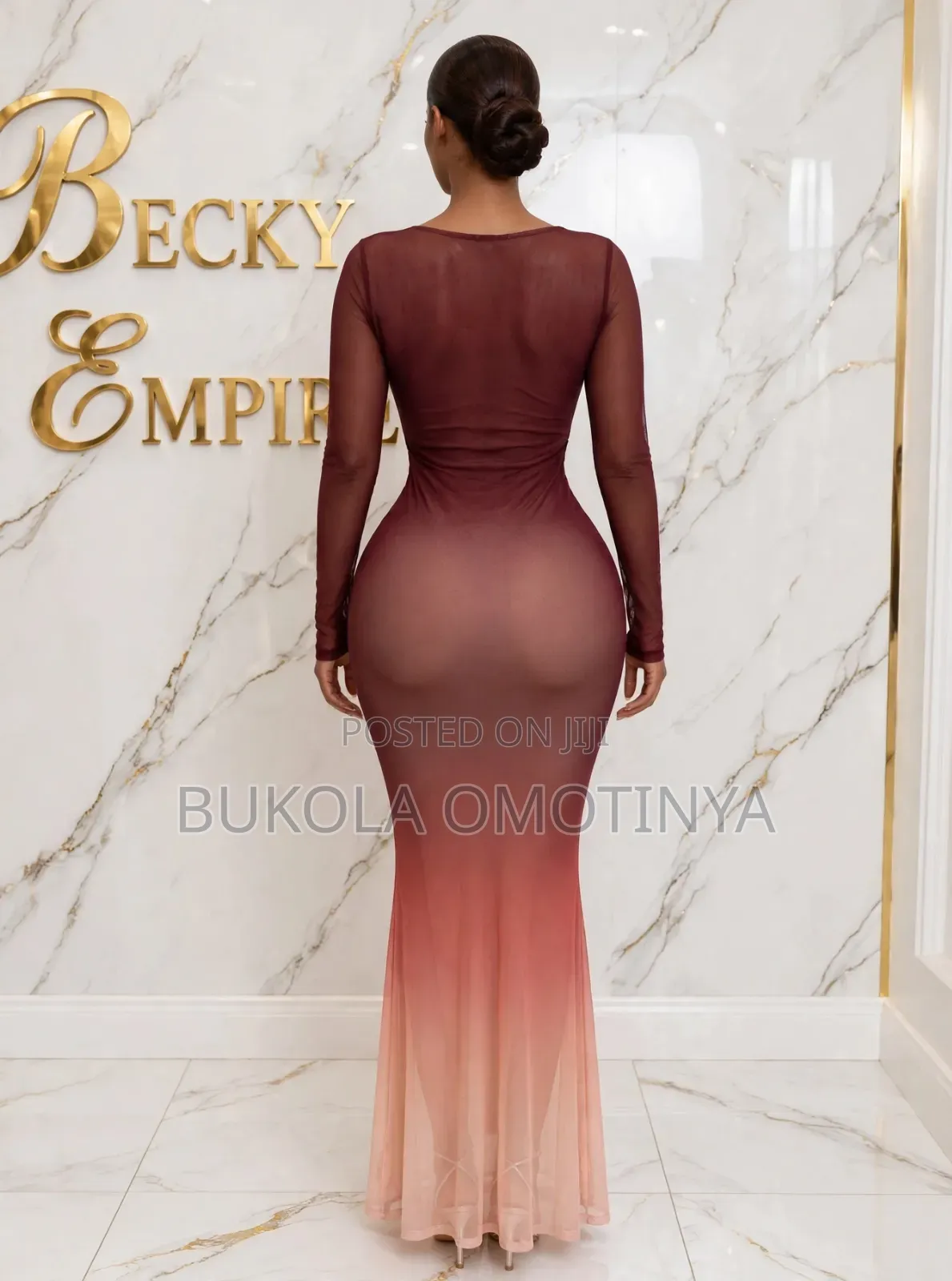Luxury Burgundy to Peach Ombré Mesh Bodycon Dress With Gold Clasp