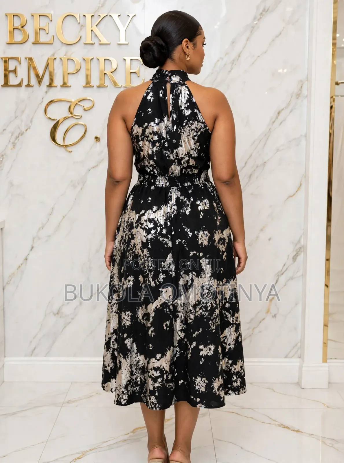 Classy Black Silver Metallic Halter Neck Flare Midi Dress -