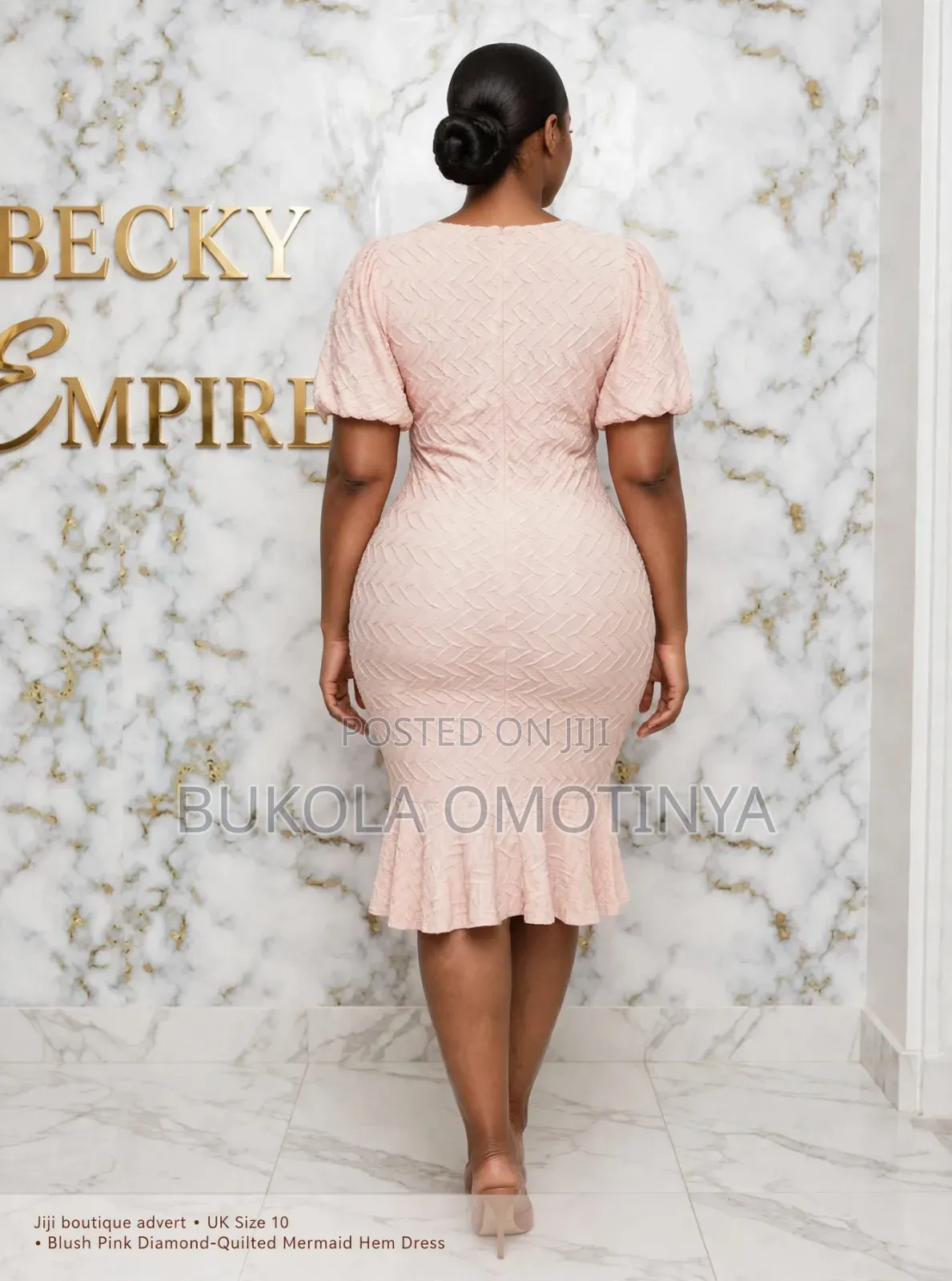 Blush Pink Textured Puff Sleeve Mermaid Hem Midi Dress