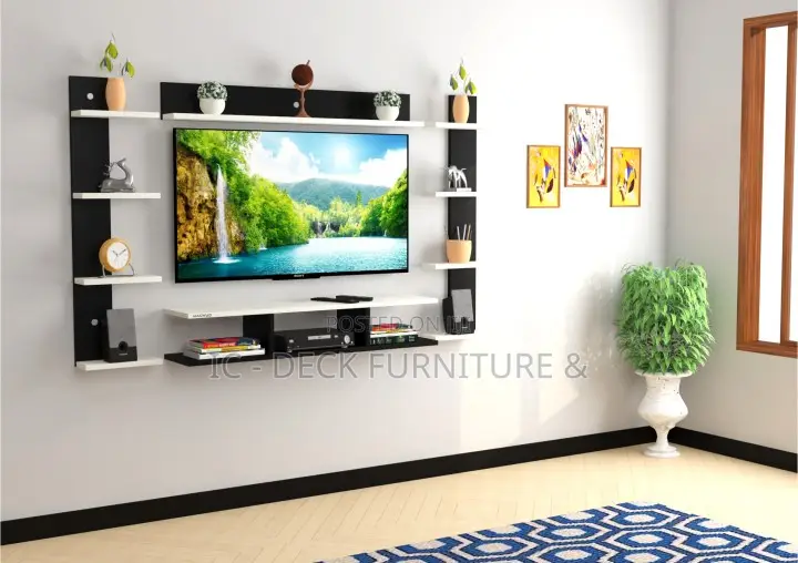Tvs50 Wall Mount TV Unit, W/ 2 Side + Up Shelves, 42" TV Max
