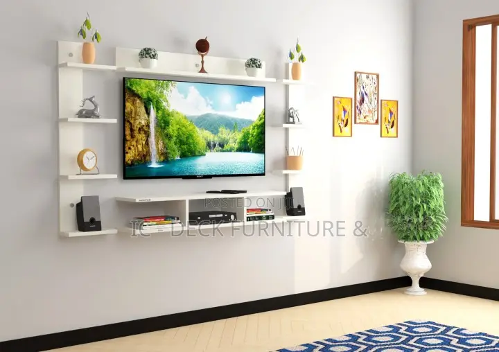 Tvs50 Wall Mount TV Unit, W/ 2 Side + Up Shelves, 42" TV Max