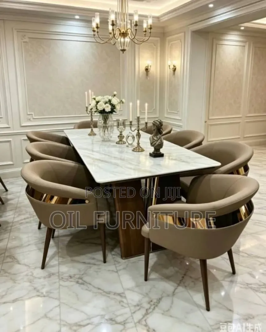 Luxury Marble Top 8 Seater Dining Table Set With Gold Accent Chairs