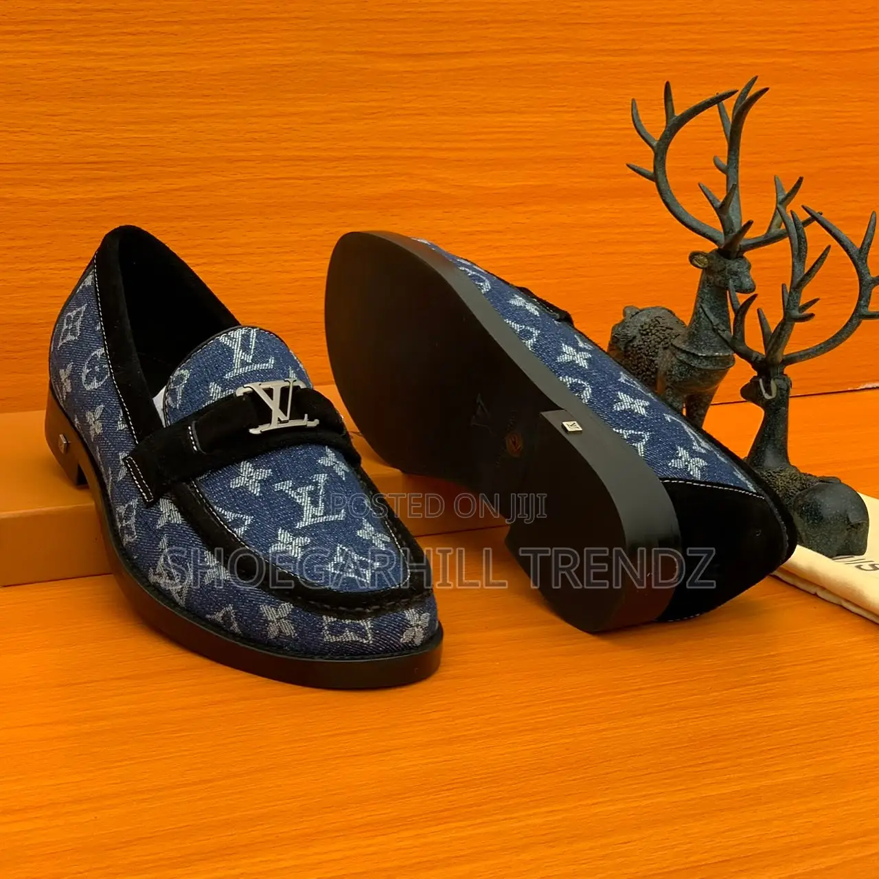 Luxury -Men's Loafer Denim and Suede Shoes in Black and Blue Colour