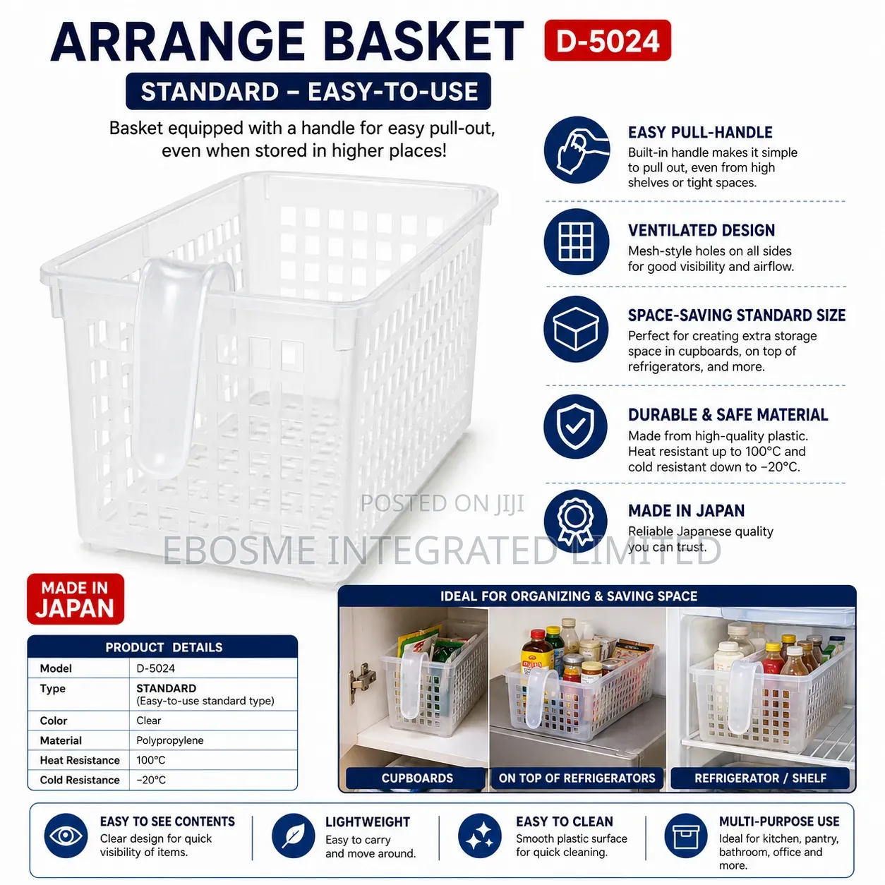 Japanese Clear Storage Organizer Basket With Handle