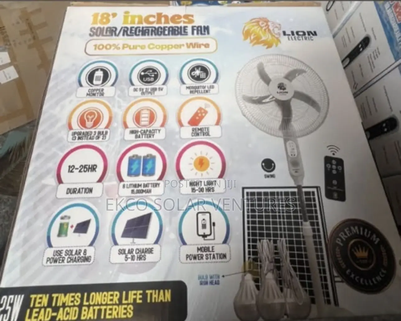 Lion Electric 18-Inch Solar and Rechargeable Standing Fan
