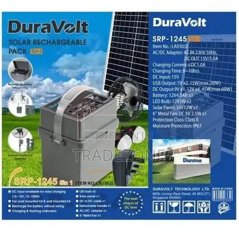 Duravolt SRP-1245 5in1 Solar Rechargeable Pack – 12V 4.5Ah Power
