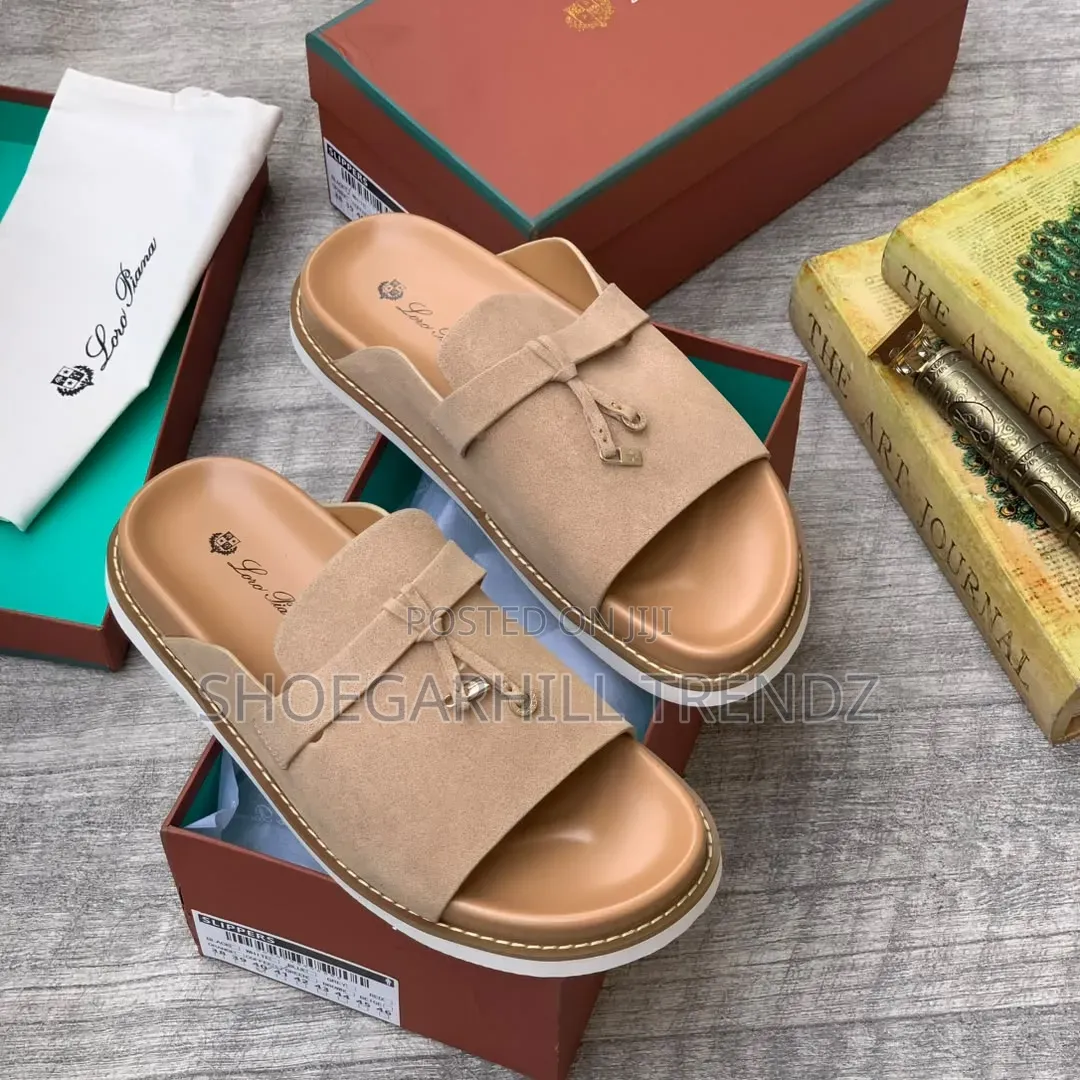 Mens Loro Piana Suede Palm Slippers With Tassel