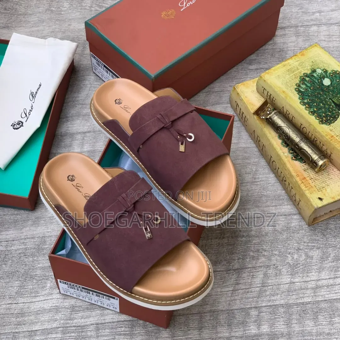 Mens Loro Piana Suede Palm Slippers With Tassel