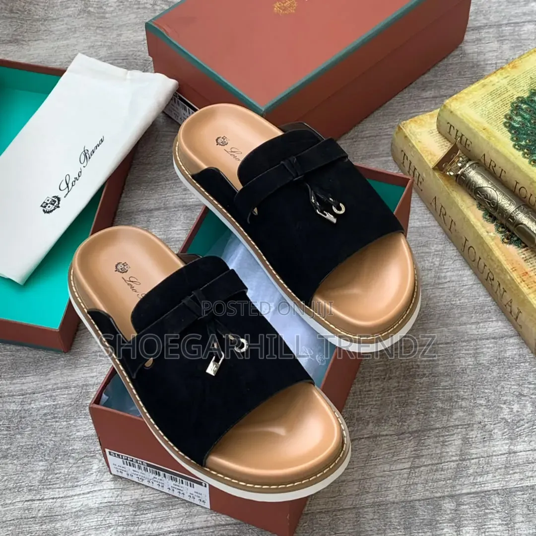 Mens Loro Piana Suede Palm Slippers With Tassel