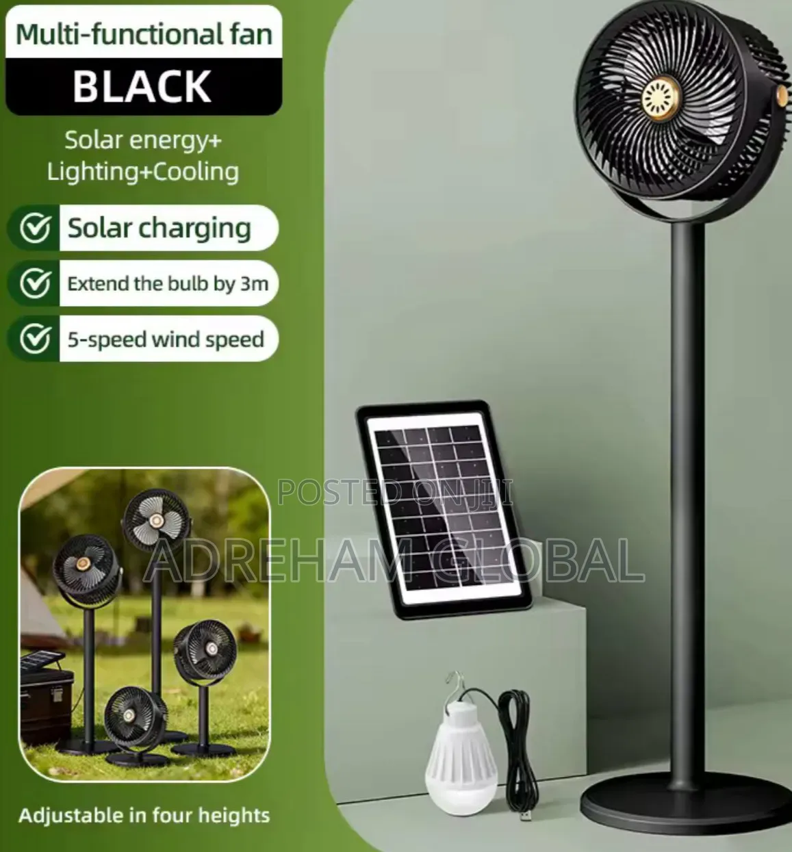 Camping Solar Fan With 4000mAh Battery Light 5Speed Adjustable