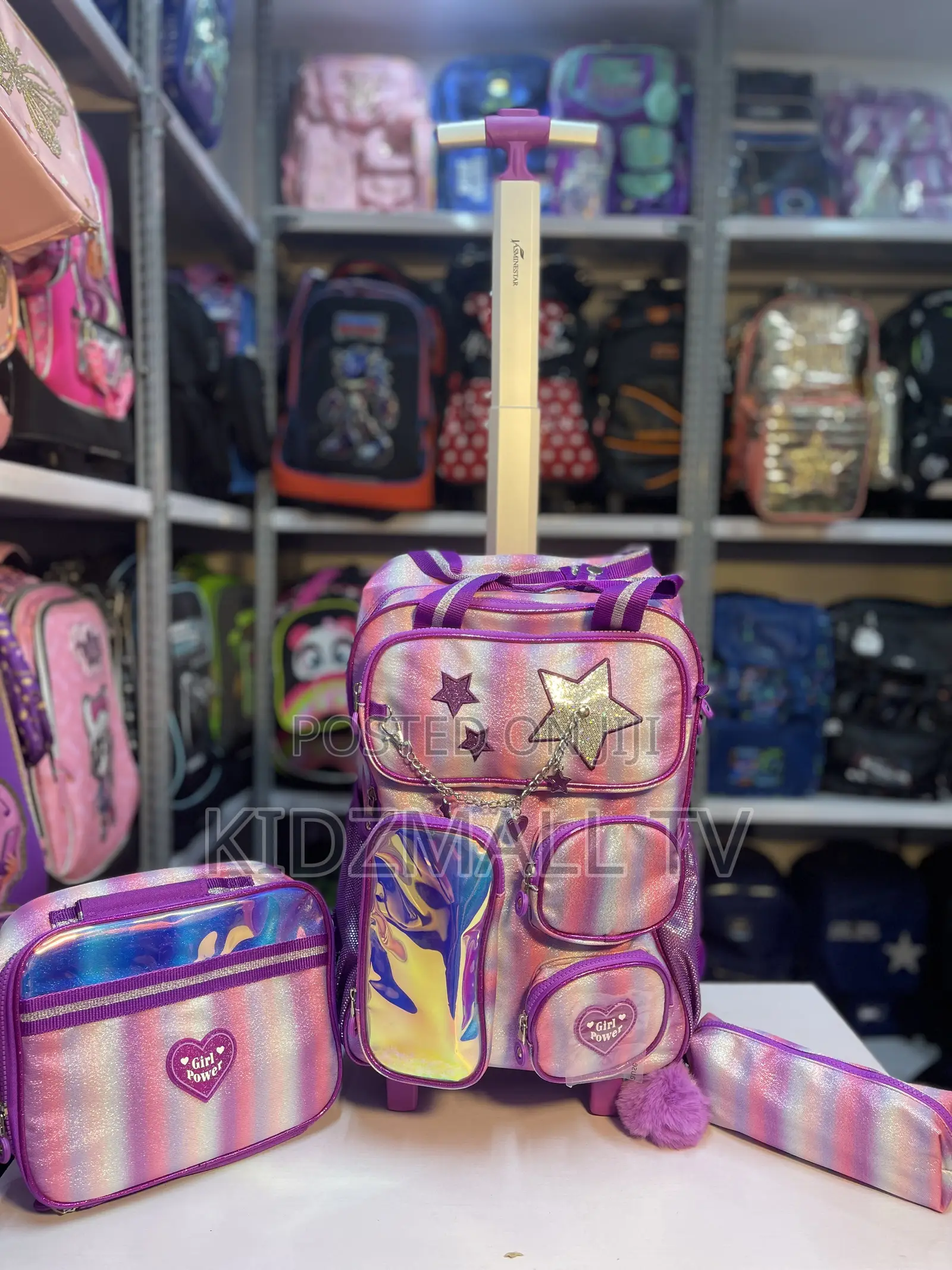 Girls 3-in-1 "Girl Power" Glitter & Holographic Rolling School Bag Set
