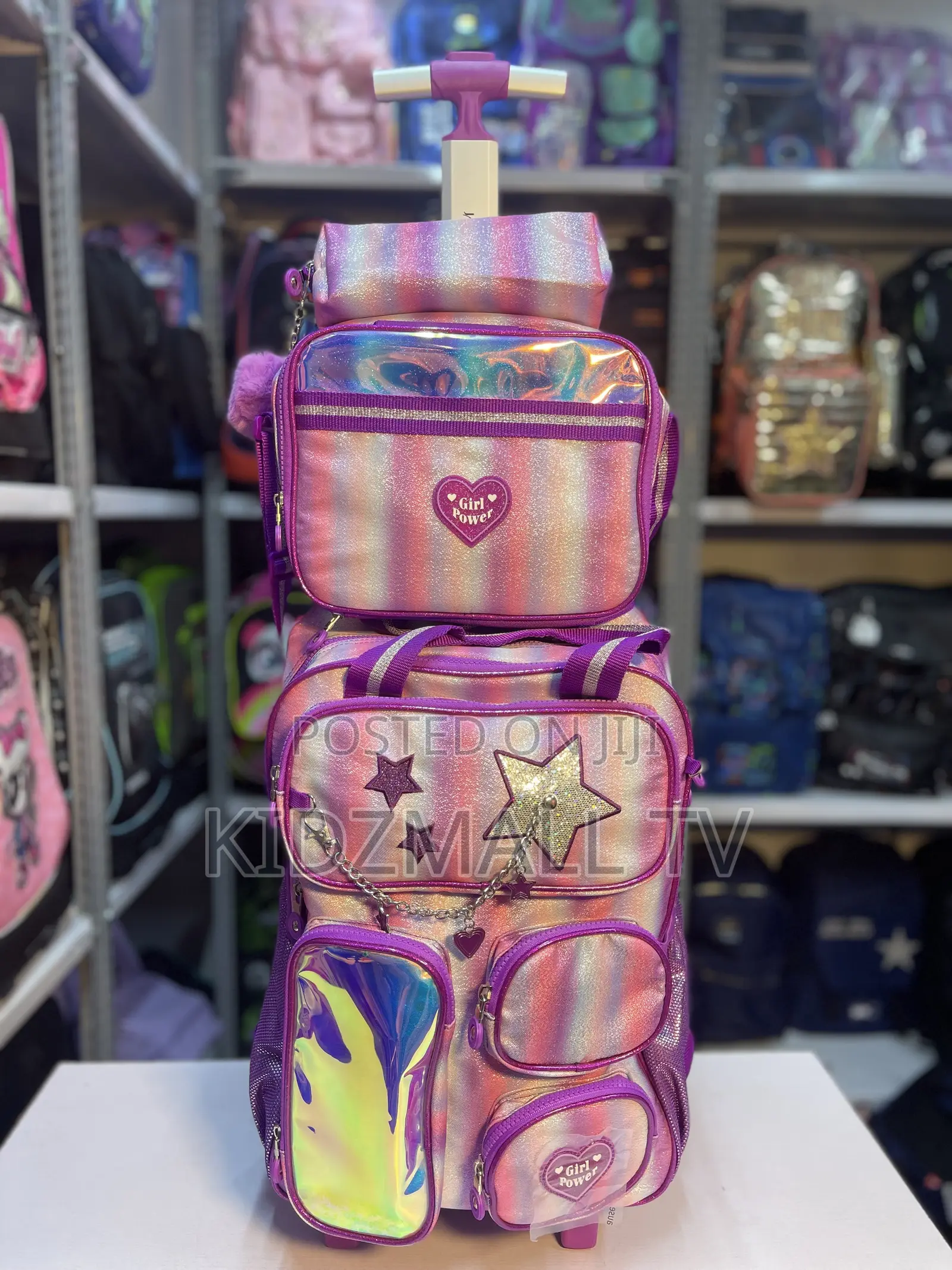 Girls 3-in-1 "Girl Power" Glitter & Holographic Rolling School Bag Set