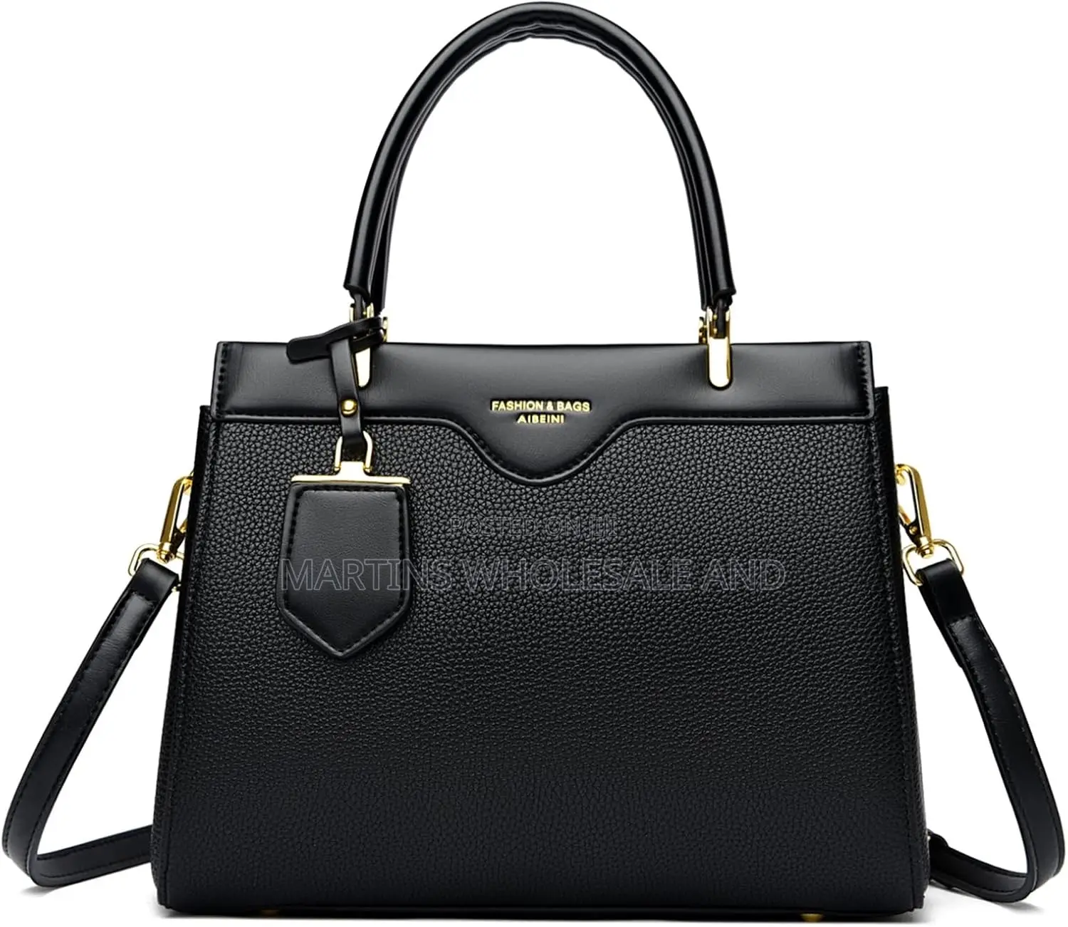 Aibeini Fashion Bags Textured Black PU Leather Top-Handle Satchel