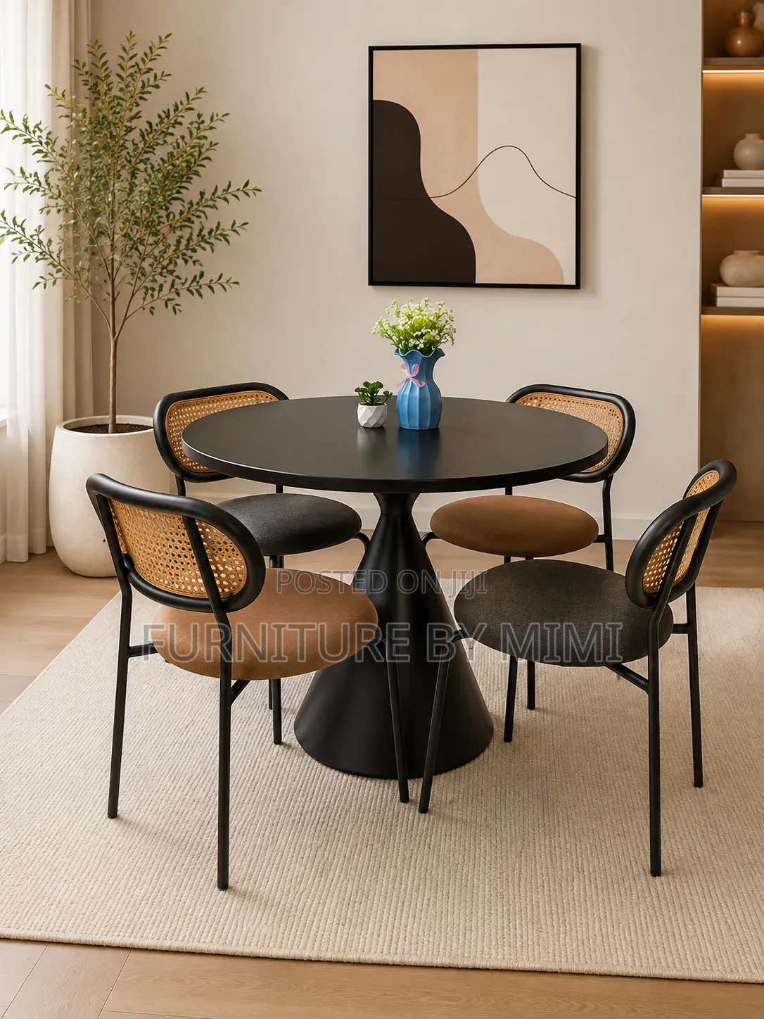 Modern Black Round 4 Seater Dining Table Set and Rattan Chairs