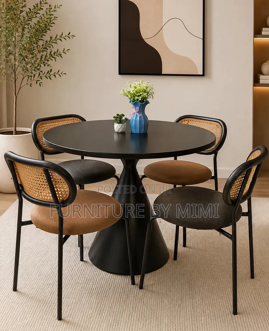 Modern Black Round 4 Seater Dining Table Set and Rattan Chairs