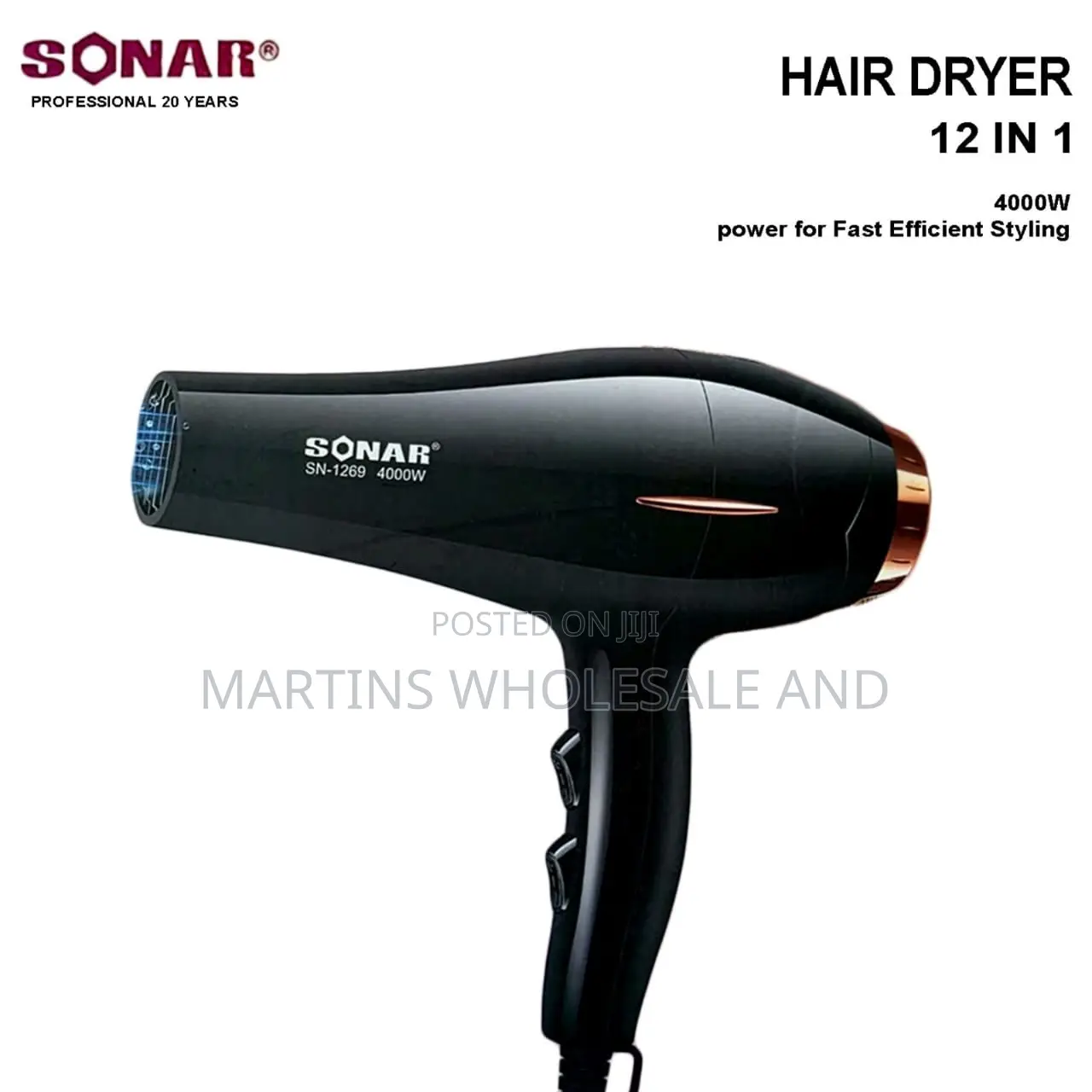 Sonar 12-in-1 Professional Hair Dryer (Model SN-1269) Features a 4000W