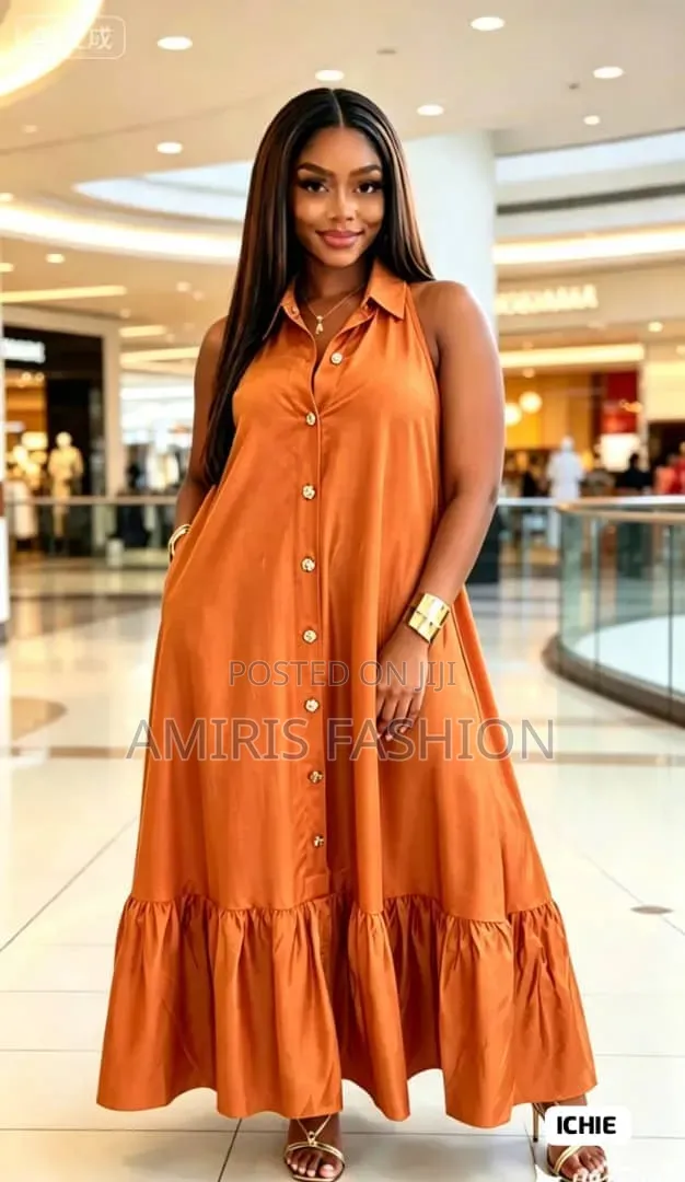Sleeveless Long Button Down Flare Gown With Colar Neck