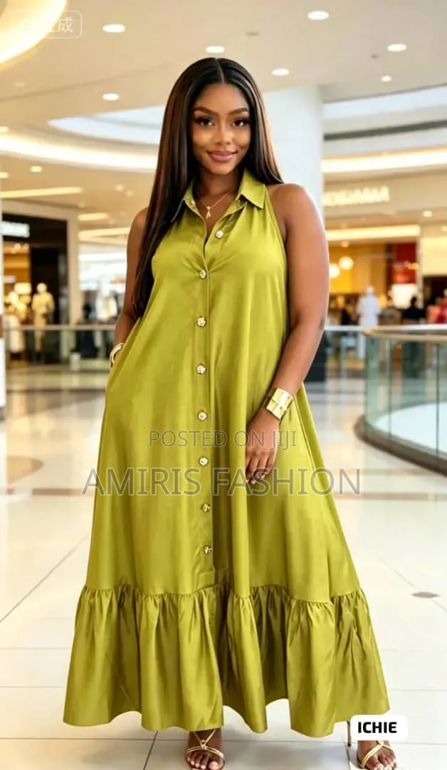 Sleeveless Long Button Down Flare Gown With Colar Neck