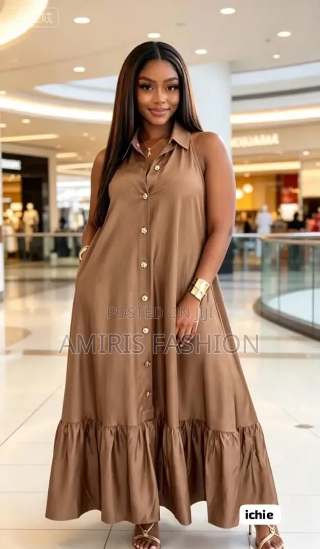 Sleeveless Long Button Down Flare Gown With Colar Neck