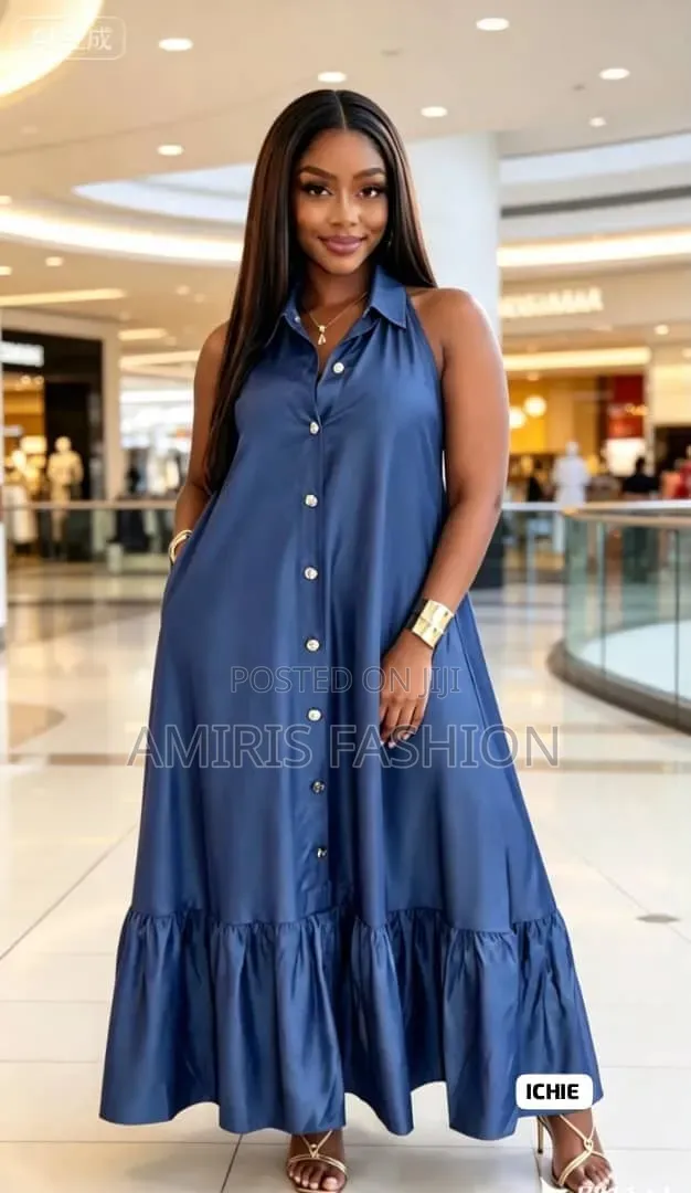 Sleeveless Long Button Down Flare Gown With Colar Neck