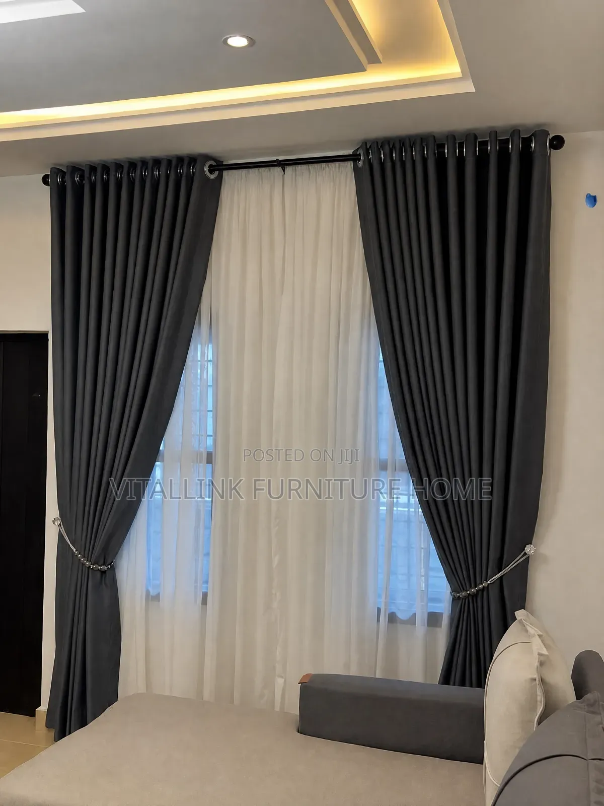 Modern Charcoal Grey Curtain Set With Sheer Silver Tiebacks