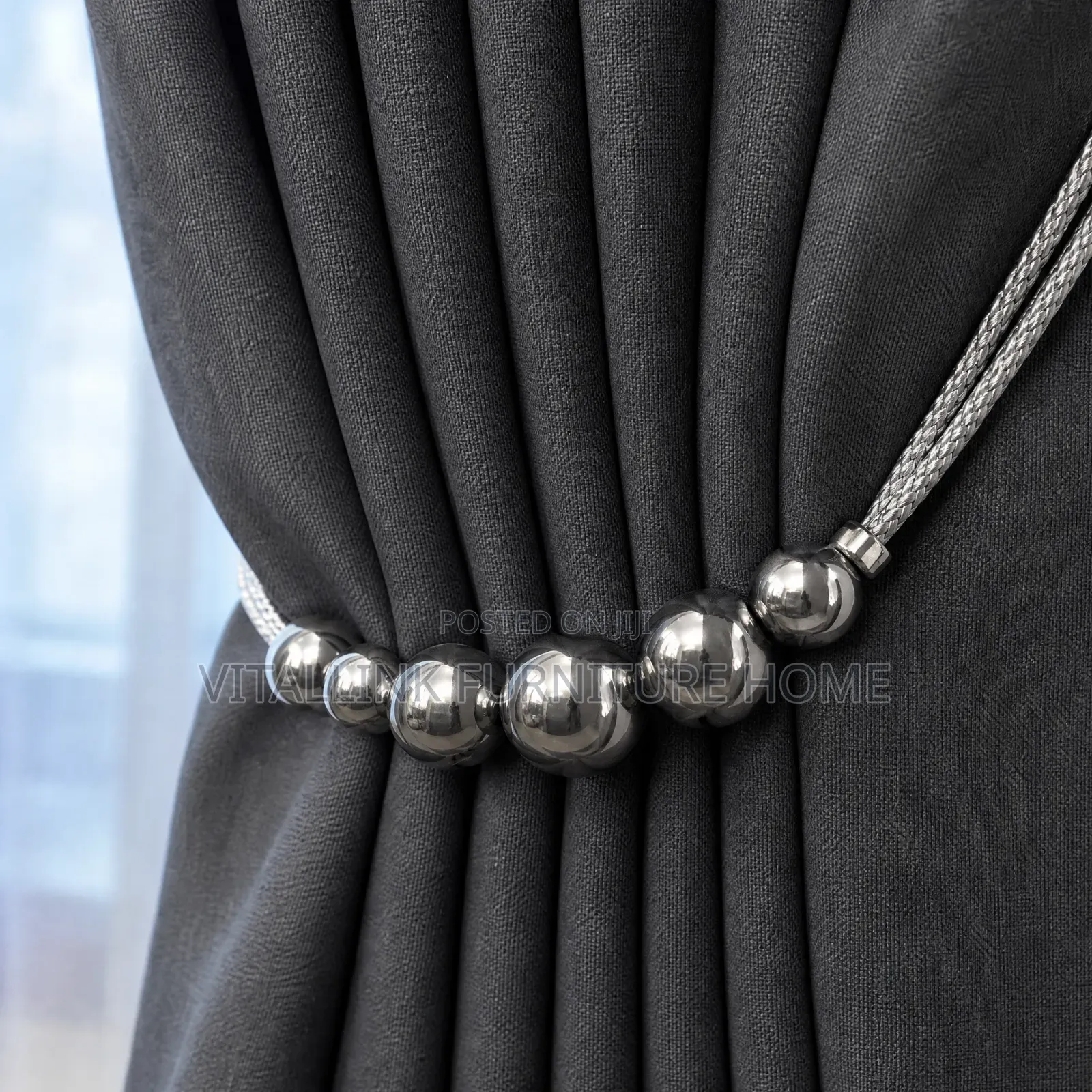 Modern Charcoal Grey Curtain Set With Sheer Silver Tiebacks